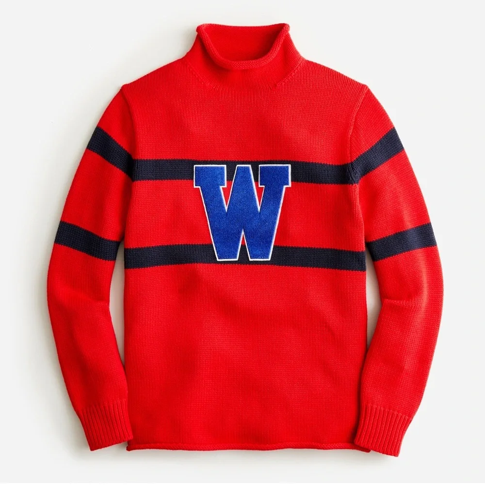 J. CREW MENS HERITAGE COTTON ROLL NECK LETTER SWEATER RED BLUE LARGE